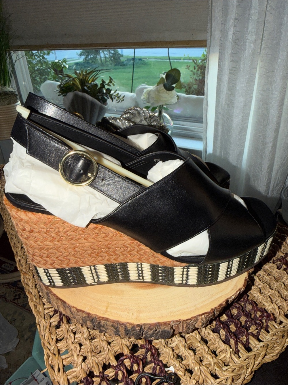 Linea Paolo Valery-L Black Leather Platform Wedge Sandals Size 9M - Picture 8 of 10